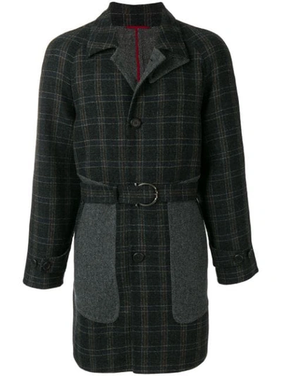 Ferragamo Plaid Wool Belted Long Coat In Charcoal Black