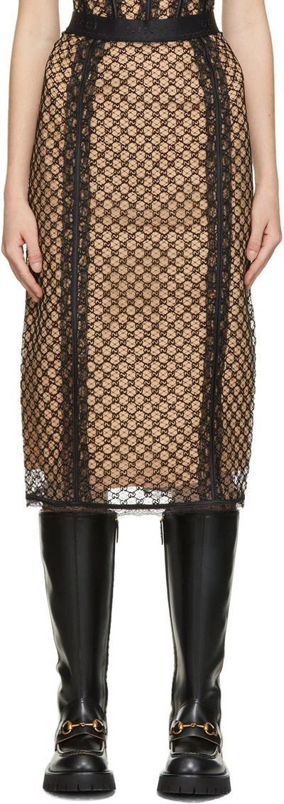 Gucci Gg-embroidered Mesh-overlay Midi Skirt In Black
