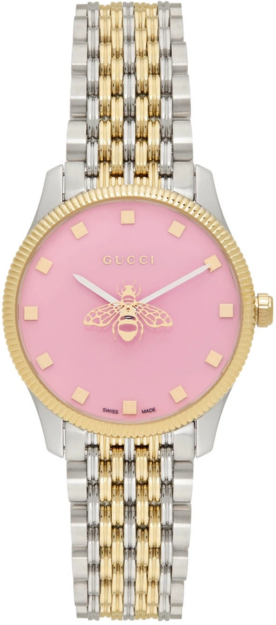 Gucci G-timeless 29mm Stainless Steel Watch With Yellow Gold In Pink
