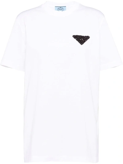 Prada Embellished Logo Jersey T-shirt In White | ModeSens