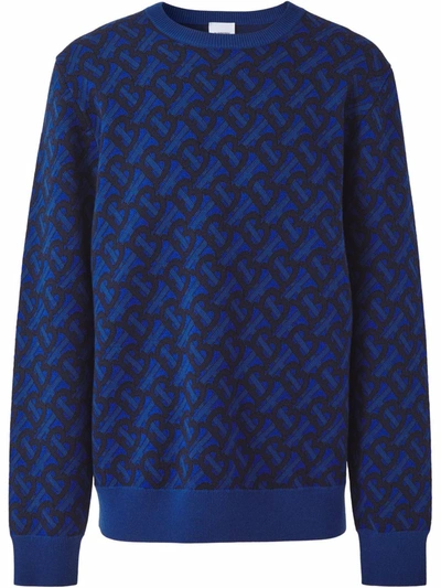 Burberry Rawlinson Tb Monogram Jacquard Merino Wool Sweater In Blue