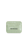 Balenciaga Cash Logo Croc Embossed Leather Card Case In Light Green