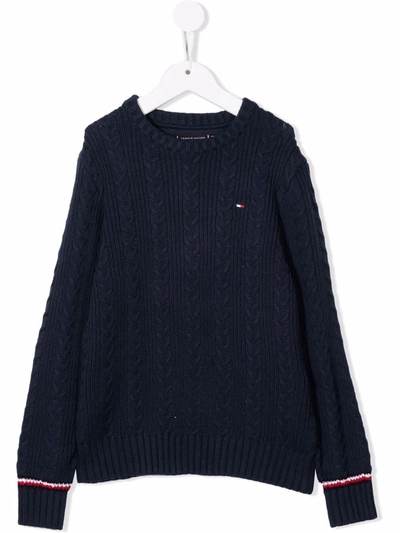 Tommy Hilfiger Junior Kids' Logo-embroidered Cable-knit Jumper In Blue