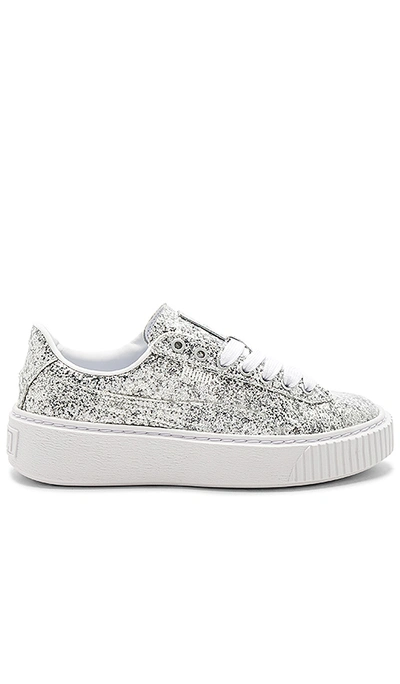 Puma Basket Glittered Leather Platform Sneakers In Gray