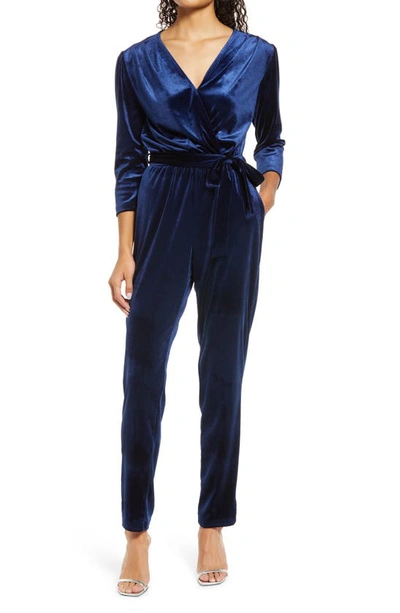 Fraiche By J Velvet Tie Waist Jumpsuit In Navy