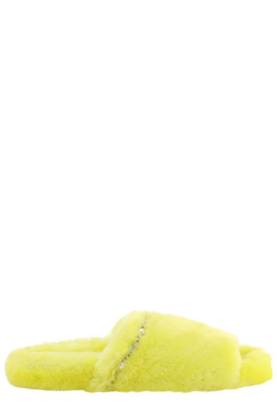 Jimmy Choo Acinda Shearling Crystal-strap Slide Sandals In Yellow