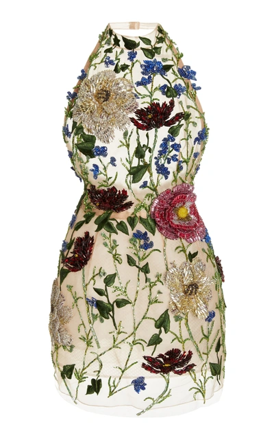 oscar de la renta crystal floral embellished halter mini dress Women's Crystal-embellished Embroidered Tulle In Multi Tie back