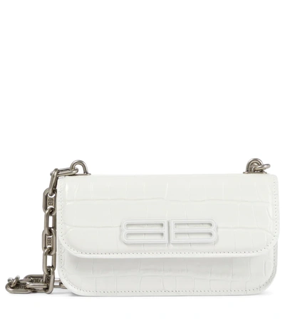 Balenciaga Gossip Bb Logo Croc Embossed Leather Shoulder Bag In White