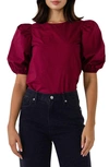 English Factory Poplin Puffed Sleeve Top In Burgundy