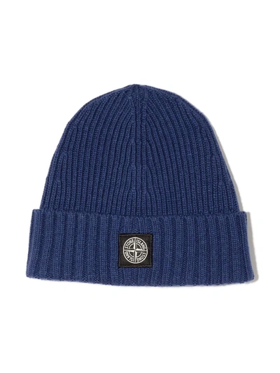 Stone Island Kids' Compass Knitted Beanie In Blue