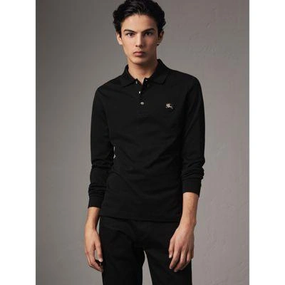 Burberry Long-sleeve Cotton Piqué Polo Shirt In Black