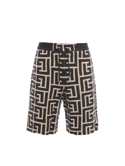 Balmain Maxi Monogram-print Bermuda Shorts In Ivoire Noir