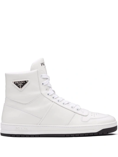 Prada Perforated Triangle-logo High-top Sneakers In Bianco/ Nero