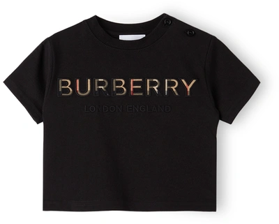 Burberry Kids' Eugene Embroidered Check Logo Cotton T-shirt In Black