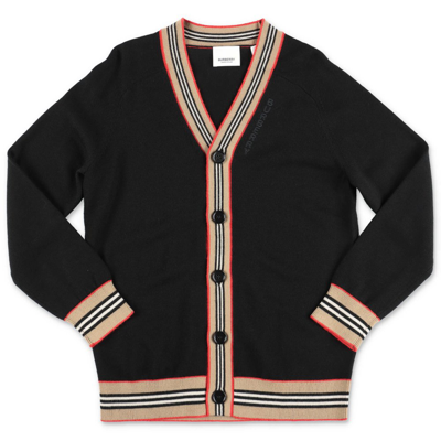 Burberry Wool Cardigan With Iconic Stripe Pattern Finish In Black