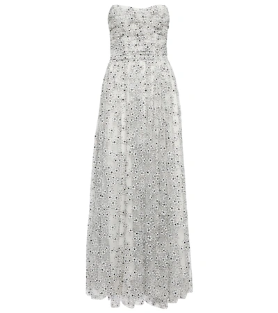 Monique Lhuillier Strapless Embroidered Tulle Midi Dress In Silk Whitenoir