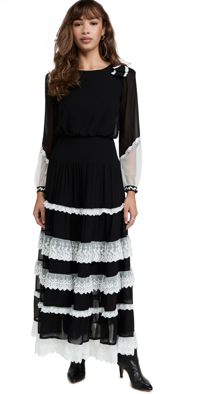 Saloni Isabel Lace-trimmed Silk-crepe Midi Dress In Black/ Ivory Flowers