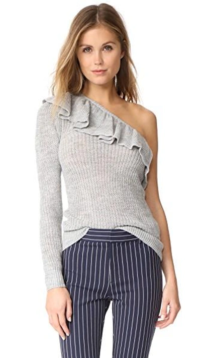 Rebecca Taylor Ruffle Pullover Sweater In Grey Melange