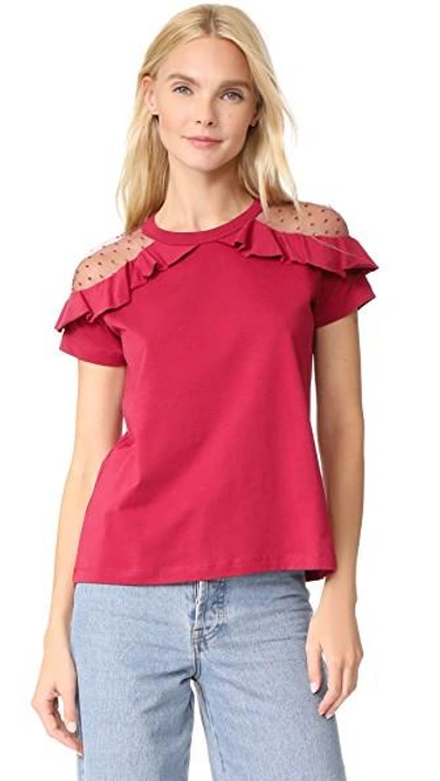 Red Valentino Short Sleeve Ruffle Tee In Red