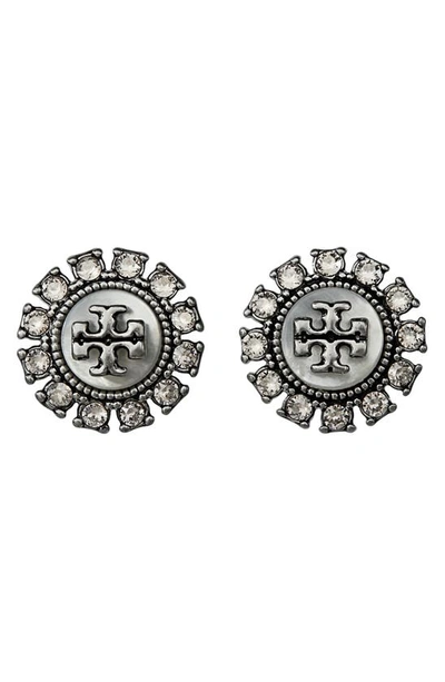 Tory Burch Women's Kira Silvertone, Mother-of-pearl & Crystal Logo Stud Earrings In Antique Pewter / Mop / Crystal