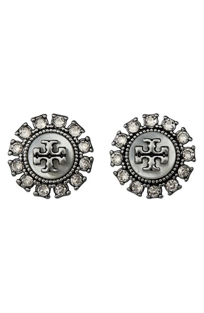 Tory Burch Women's Kira Silvertone, Mother-of-pearl & Crystal Logo Stud Earrings In Antique Pewter