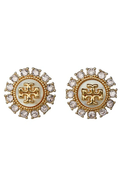 Tory Burch Kira Crystal Stud Earrings In Gold/cream