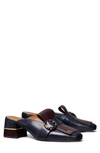 Tory Burch Multi-logo Kiltie Leather Mules In Perfect Navy