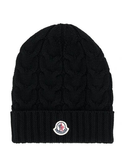 Moncler Kids' Logo Patch Cable Knit Beanie In Black