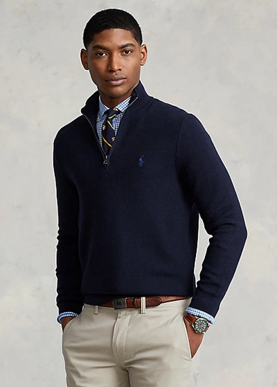 Ralph Lauren Mesh-knit Cotton Quarter-zip Sweater In Navy Heather