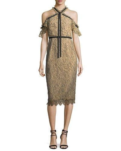 Shoshanna Aleah Cold-shoulder Lace Midi Dress In Sand/jet