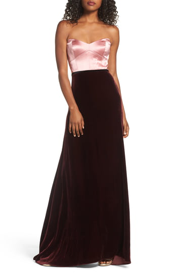 Jill Jill Stuart Strapless Two Tone Silk Velvet Column Evening Gown In Prim Rose Raisin Black Modesens