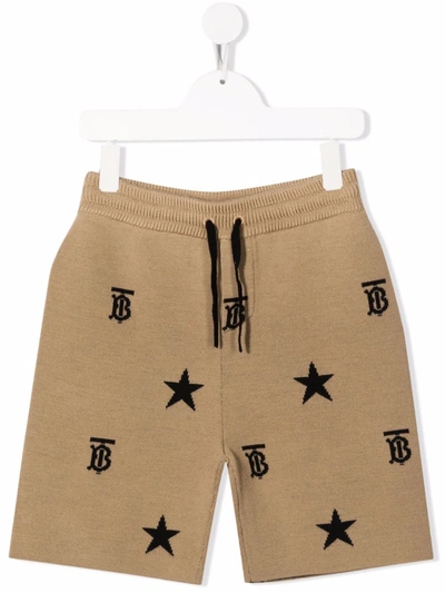 Burberry Kids' Star & Tb Monogram Jacquard Wool Blend Shorts In Beige
