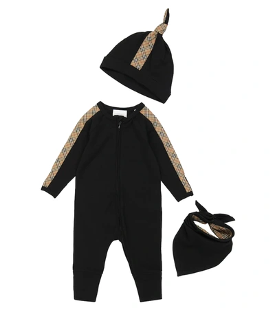 Burberry Baby Cotton-blend Onesie, Hat And Bib Set In Black