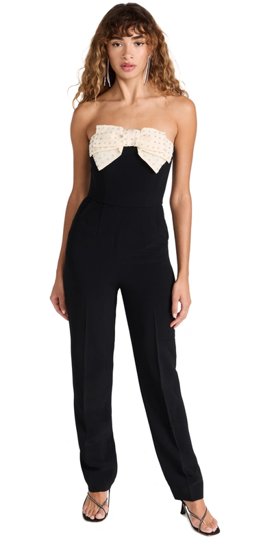 Saloni Sabine Strapless Cotton-blend Velvet And Embellished Silk Jumpsuit In Black/tusk/emb