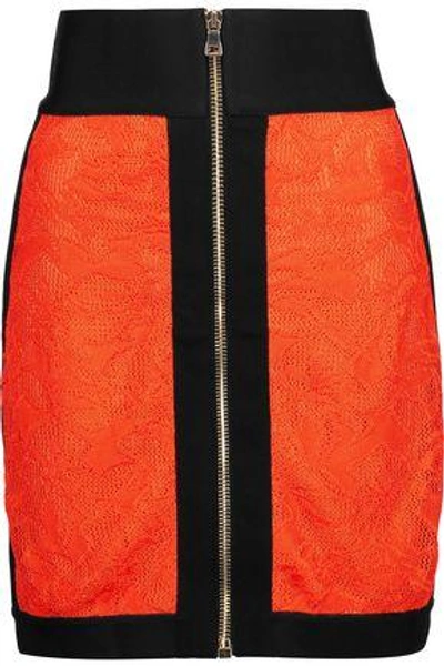 Balmain Woman Lace And Jersey Mini Skirt Bright Orange