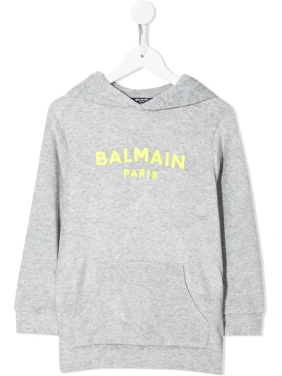 Balmain Teen Logo-print Pullover Hoodie In Grey
