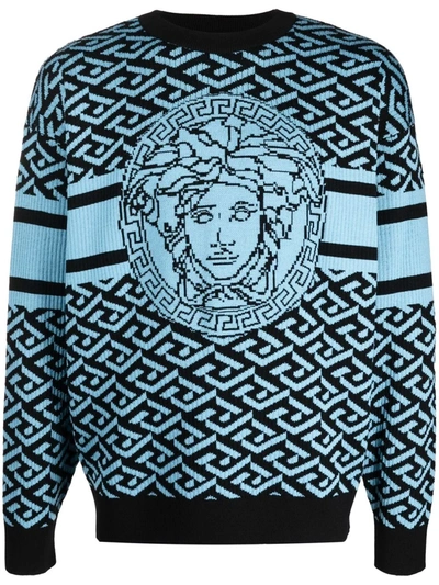 Versace Wool Sweater With Greca Signature Print In Blue | ModeSens