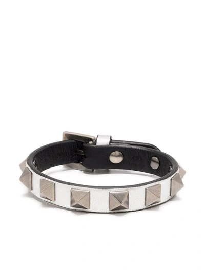 Valentino Garavani Garavani Leather Rockstud Bracelet In Silver/nero