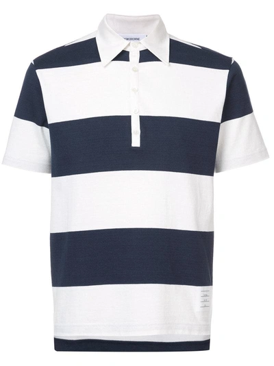 Thom Browne Short Sleeve Polo With 4-bar Stripe In Blue And White Rugby Stripe