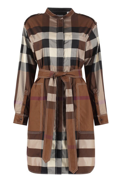 Burberry Check-pattern Belted Shirt Dress In Brown