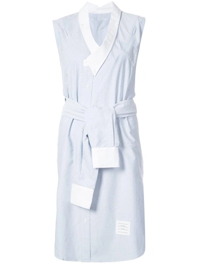 Thom Browne Reconstructed Sleeveless Wrap Shirtdress In Light Blue Oxford
