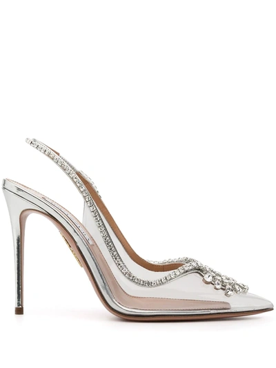 Aquazzura Seduction 105 Crystal-embellished Metallic Leather And Pvc Slingback Pumps In Silver