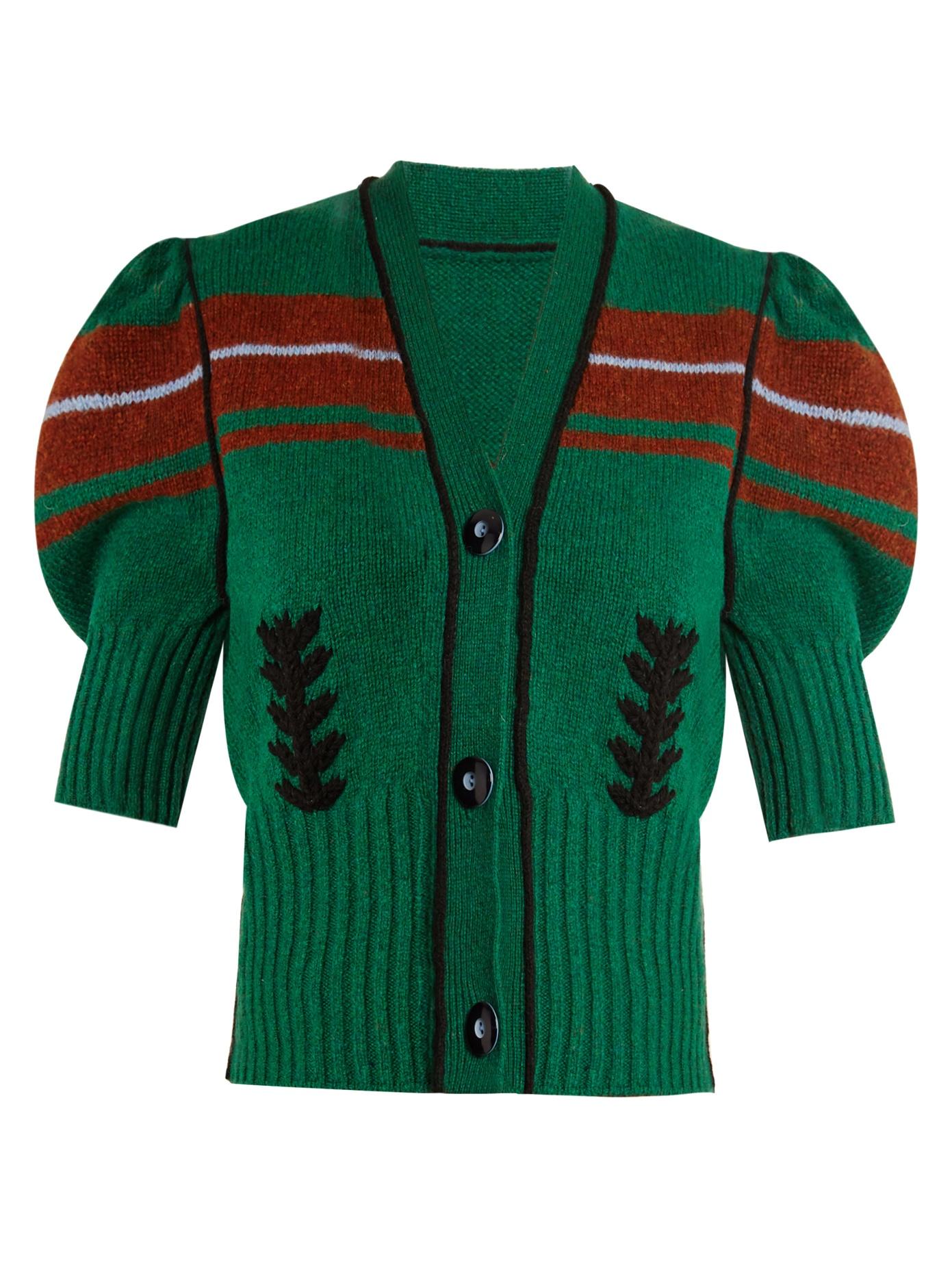 Miu Miu Puff-sleeve Wool Cardigan In Green Multi | ModeSens