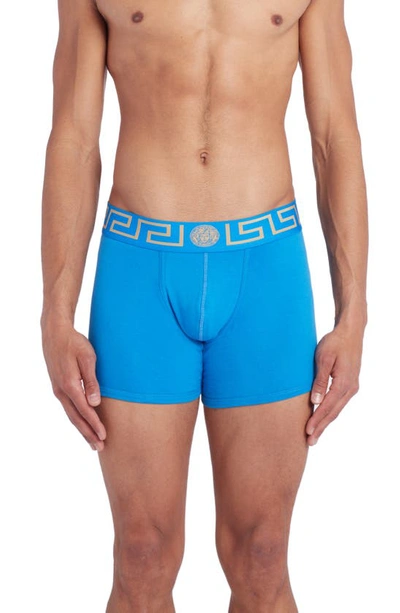 Versace Long Stretch Cotton Trunks In Blue