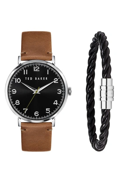 Ted Baker Men's Phylipa Brown Leather Strap Watch 43mm And Bracelet Gift Set, 2 Pieces