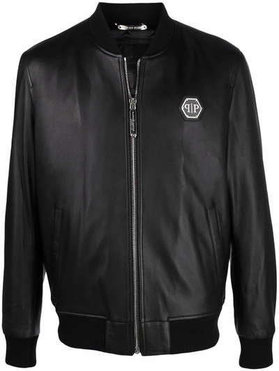 Philipp Plein Logo Zipped Bomber Jacket In Black