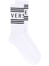 Versace First Line Stripe Crew Socks In Bianco/ Nero