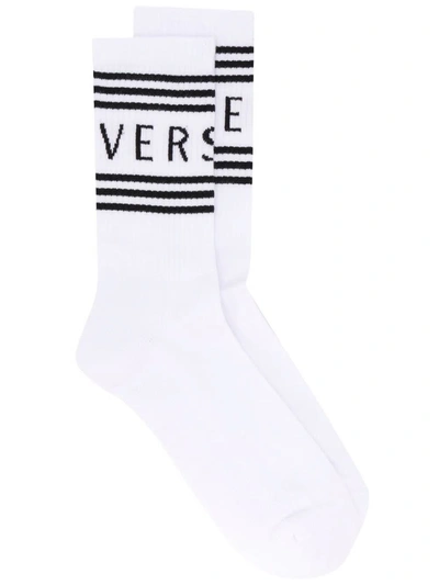 Versace First Line Stripe Crew Socks In Bianco/ Nero