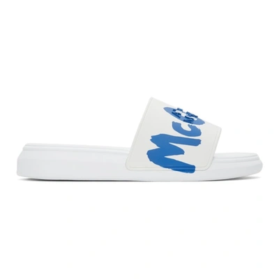 Alexander Mcqueen Graffiti Logo Rubber Slide Sandals In White/blue
