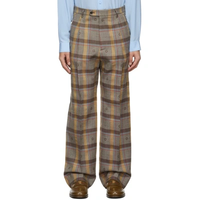 Gucci Wide-leg Logo-embroidered Checked Wool Suit Trousers In Multicolor